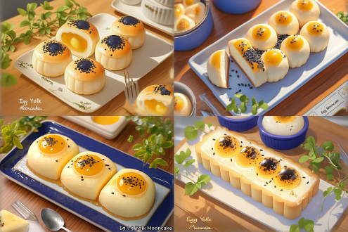 美味的蛋黄酥，外皮金黄酥脆，撒有黑芝麻，摆放在精美的长条盘子上，其中一个蛋黄酥被切开展示，还有各式各样的糕点容器、叉子以及一块写着“蛋黄酥”的小牌子，木桌上点缀着绿叶，明亮而温馨，柔和的自然光，以二维卡通风格呈现，色彩鲜艳，饱和度高，特写镜头，浅景深，侧光照明，纹理细腻，色调温暖，令人垂涎欲滴。