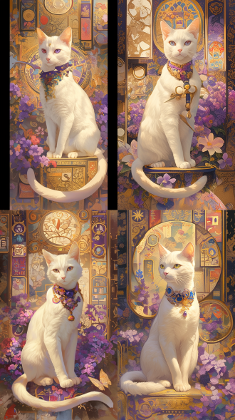 白猫佩戴彩色项圈，坐在繁复艺术场景中，背景充满花卉、画框与装饰图案，猫神情好奇，周围有紫色花束与华丽边框，高细节构图，柔焦效果，暖色调，微距镜头，自然光，静谧氛围，优雅精致。