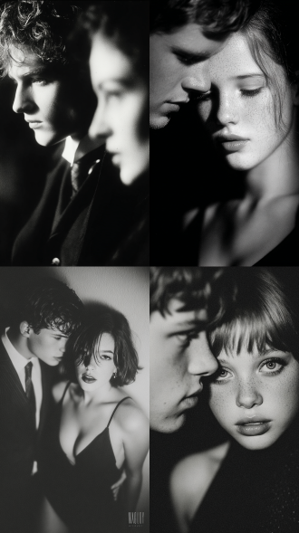 男人和女人，大师风格，黑白胶片，暗调背景，柔和侧光，高对比度，细腻颗粒，忧郁眼神，中性色调，经典构图，深沉氛围，自然光影，低调奢华，人物特写，微妙阴影，怀旧质感，胶片噪点，情感传达，静谧场景，高光细节，深邃表情，艺术摄影，经典黑白，50mm镜头，低饱和度，高锐度，柔焦效果，胶片颗粒，暗角效果，情绪张力。