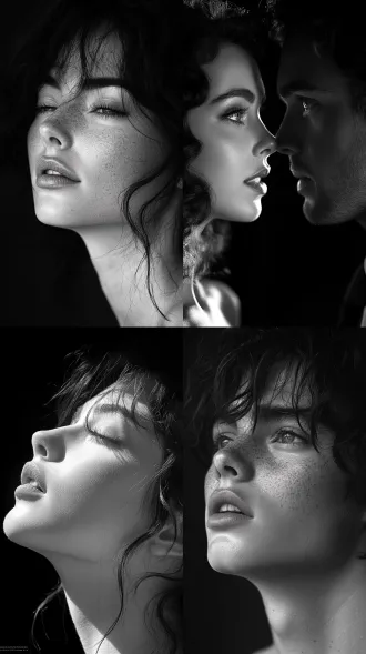 男人和女人，大师风格，黑白胶片，暗调背景，柔和侧光，高对比度，细腻颗粒，忧郁眼神，中性色调，经典构图，深沉氛围，自然光影，低调奢华，人物特写，微妙阴影，怀旧质感，胶片噪点，情感传达，静谧场景，高光细节，深邃表情，艺术摄影，经典黑白，50mm镜头，低饱和度，高锐度，柔焦效果，胶片颗粒，暗角效果，情绪张力。