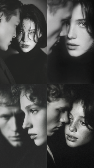 男人和女人，大师风格，黑白胶片，暗调背景，柔和侧光，高对比度，细腻颗粒，忧郁眼神，中性色调，经典构图，深沉氛围，自然光影，低调奢华，人物特写，微妙阴影，怀旧质感，胶片噪点，情感传达，静谧场景，高光细节，深邃表情，艺术摄影，经典黑白，50mm镜头，低饱和度，高锐度，柔焦效果，胶片颗粒，暗角效果，情绪张力。