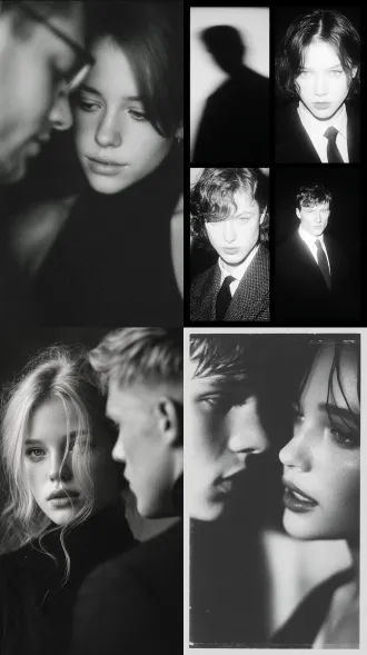 男人和女人全身照，大师风格，黑白胶片，暗调背景，柔和侧光，高对比度，细腻颗粒，忧郁眼神，中性色调，经典构图，深沉氛围，自然光影，低调奢华，人物特写，微妙阴影，怀旧质感，胶片噪点，情感传达，静谧场景，高光细节，深邃表情，艺术摄影，经典黑白，50mm镜头，低饱和度，高锐度，柔焦效果，胶片颗粒，暗角效果，情绪张力。