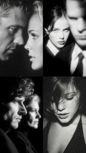 men and women, master style, black and white film, dark background, soft side lighting, high contrast, fine grain, melancholic gaze, neutral tones, classic composition, deep atmosphere, natural light and shadow, understated luxury, close-up portrait, subtle shadows, nostalgic texture, film grain, emotional expression, tranquil scene, highlight details, profound expression, artistic photography, classic black and white, 50mm lens, low saturation, high sharpness, soft blur effect, film grain effect, dark corner effect, emotional tension.