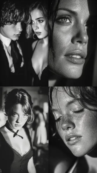 men and women, master style, black and white film, dark background, soft side lighting, high contrast, fine grain, melancholic gaze, neutral tones, classic composition, deep atmosphere, natural light and shadow, understated luxury, close-up portrait, subtle shadows, nostalgic texture, film grain, emotional expression, tranquil scene, highlight details, profound expression, artistic photography, classic black and white, 50mm lens, low saturation, high sharpness, soft blur effect, film grain effect, dark corner effect, emotional tension.