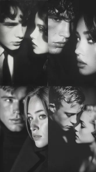 men and women, master style, black and white film, dark background, soft side lighting, high contrast, fine grain, melancholic gaze, neutral tones, classic composition, deep atmosphere, natural light and shadow, understated luxury, close-up portrait, subtle shadows, nostalgic texture, film grain, emotional expression, tranquil scene, highlight details, profound expression, artistic photography, classic black and white, 50mm lens, low saturation, high sharpness, soft blur effect, film grain effect, dark corner effect, emotional tension.