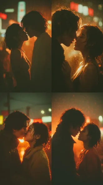 intimate couple close-up, a young asian couple kissing passionately on a city rooftop, blurred sparkling city night view and neon lights in the background. their outlines are glowing with warm light. the girl's hands are gently holding the boy's face. glowing golden honey droplets and red wine splashes floating in the air, symbolizing the sweetness and intoxication of love. style: romantic realism, dramatic lighting, depth of field, emotionally charged.
