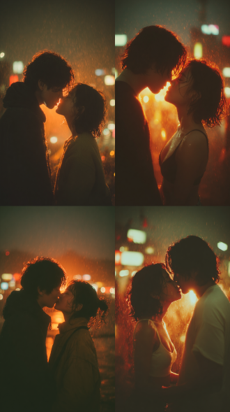 intimate couple close-up, a young asian couple kissing passionately on a city rooftop, blurred sparkling city night view and neon lights in the background. their outlines are glowing with warm light. the girl's hands are gently holding the boy's face. glowing golden honey droplets and red wine splashes floating in the air, symbolizing the sweetness and intoxication of love. style: romantic realism, dramatic lighting, depth of field, emotionally charged.