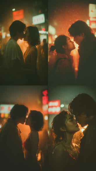 亲密情侣特写，亚洲年轻情侣在城市屋顶热吻，背景是模糊的闪烁夜景与霓虹灯，轮廓泛着暖光，女孩双手轻捧男孩脸庞，空气中悬浮发光的金色蜜滴与红酒飞溅，象征爱情的甜蜜与沉醉，浪漫现实主义，戏剧性打光，浅景深，情感饱满，低角度拍摄，柔焦效果，高动态范围，暖色调与冷色背景对比，浪漫氛围，电影质感，情感张力。