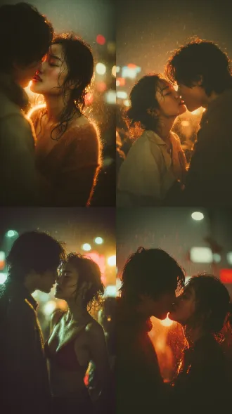 亲密情侣特写，亚洲年轻情侣在城市屋顶热吻，背景虚化的闪烁城市夜景和霓虹灯，轮廓被暖光勾勒，女孩双手轻捧男孩脸庞，空中漂浮金色蜜滴与红酒飞溅，象征爱情的甜蜜与陶醉。浪漫现实主义，戏剧性光线，浅景深，情感强烈，暖色调，微距镜头，柔焦，高光反射，动态捕捉，唯美构图。