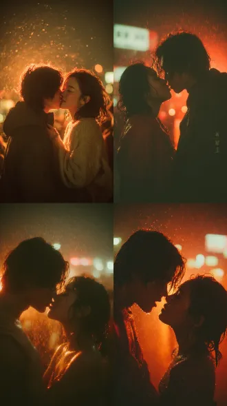 intimate couple close-up, a young asian couple kissing passionately on a city rooftop, blurred sparkling city night view and neon lights in the background. their outlines are glowing with warm light. the girl's hands are gently holding the boy's face. glowing golden honey droplets and red wine splashes floating in the air, symbolizing the sweetness and intoxication of love. style: romantic realism, dramatic lighting, depth of field, emotionally charged.