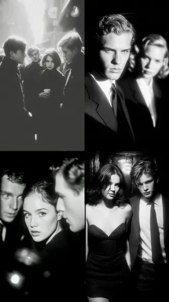 男人追逐女人，女人回头，大师风格，黑白胶片，暗调背景，柔和侧光，高对比度，细腻颗粒，忧郁眼神，中性色调，经典构图，深沉氛围，自然光影，低调奢华，人物特写，微妙阴影，怀旧质感，胶片噪点，情感传达，静谧场景，高光细节，深邃表情，艺术摄影，经典黑白，50mm镜头，低饱和度，高锐度，柔焦效果，胶片颗粒，暗角效果，情绪张力，动态模糊，优雅姿势，复古服装，微妙互动，光影层次，电影感，人物张力，低调优雅，经典肖像，环境烘托，情感深度，细腻纹理，光影对比，艺术表现，黑白层次，胶片质感，视觉冲击，经典瞬间。