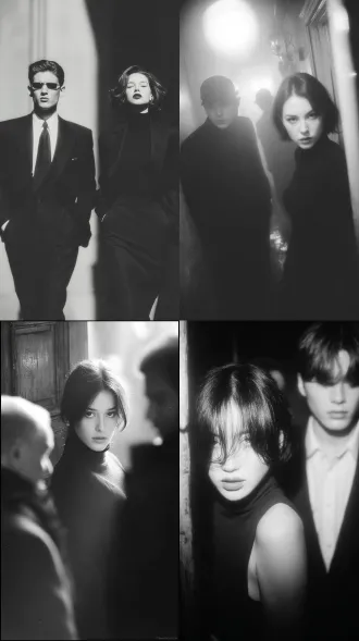 男人追逐女人，女人回头，大师风格，黑白胶片，暗调背景，柔和侧光，高对比度，细腻颗粒，忧郁眼神，中性色调，经典构图，深沉氛围，自然光影，低调奢华，人物特写，微妙阴影，胶片噪点，情感传达，静谧场景，高光细节，深邃表情，艺术摄影，经典黑白，50mm镜头，高锐度，柔焦效果，胶片颗粒，暗角效果，情绪张力。