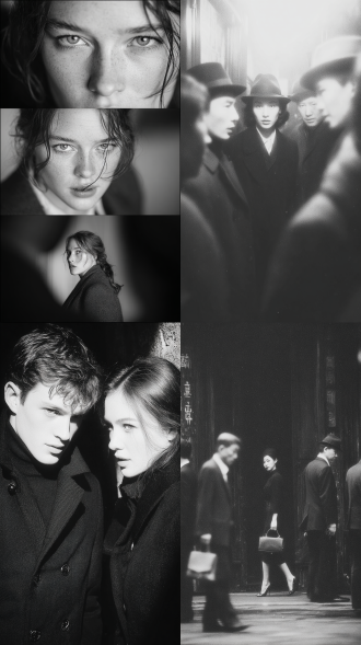 男人追逐女人，女人回头，大师风格，黑白胶片，暗调背景，柔和侧光，高对比度，细腻颗粒，忧郁眼神，中性色调，经典构图，深沉氛围，自然光影，低调奢华，人物特写，微妙阴影，胶片噪点，情感传达，静谧场景，高光细节，深邃表情，艺术摄影，经典黑白，50mm镜头，高锐度，柔焦效果，胶片颗粒，暗角效果，情绪张力。