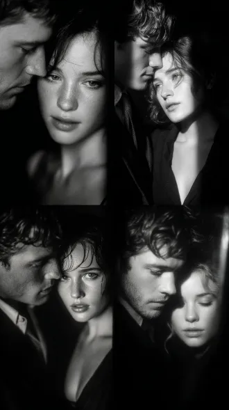 背着女人的男人，经典黑白胶片，暗调背景，柔和侧光，高对比度，细腻颗粒，忧郁眼神，中性色调，对称构图，深沉氛围，自然光影，低调奢华，人物特写，微妙阴影，胶片噪点，情感张力，静谧场景，高光细节，深邃表情，艺术摄影，35mm镜头，高锐度，柔焦效果，暗角效果，情绪传达。