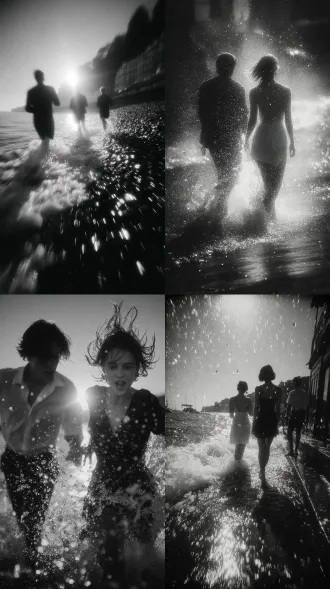 男人追逐女人，海边日落，黑白胶片风格，胶片颗粒感，深情凝视，柔和光影，35mm镜头，低角度拍摄，逆光剪影，细腻高光，浪花飞溅，静谧氛围，动态模糊，情感张力，经典构图，复古色调，轻盈步伐，海风拂动，忧郁情绪，怀旧质感