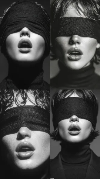 女人蒙眼张嘴，大师风格黑白胶片，暗调背景，柔和侧光，高对比度，忧郁眼神，中性色调，经典构图，深沉氛围，自然光影，低调奢华，人物特写，微妙阴影，胶片噪点，情感传达，静谧场景，高光细节，深邃表情，艺术摄影，50mm镜头，低饱和度，高锐度，柔焦效果，胶片颗粒，暗角效果，情绪张力。