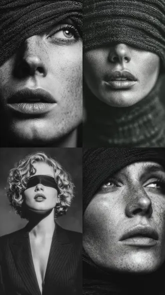 女人半身特写，45度角拍摄，蒙眼微张嘴唇，忧郁深邃表情，经典构图，黑白胶片质感，暗调背景，柔和侧光与高对比度交织，中性色调，低调奢华氛围，艺术摄影风格，50mm镜头，低饱和度高锐度，柔焦与胶片颗粒并存，暗角效果强化情绪张力，自然光影塑造微妙阴影，高光细节突出面部轮廓，静谧场景传递深沉情感，大师级肖像。