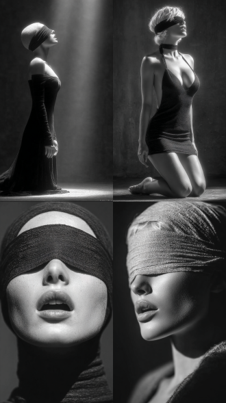 女人跪地蒙眼张嘴，全身侧身照，大师风格黑白胶片，暗调背景柔和侧光，高对比度忧郁眼神，中性色调经典构图，深沉氛围自然光影，低调奢华人物特写，微妙阴影胶片噪点，情感传达静谧场景，高光细节深邃表情，艺术摄影50mm镜头，低饱和度高锐度，柔焦效果胶片颗粒，暗角效果情绪张力。