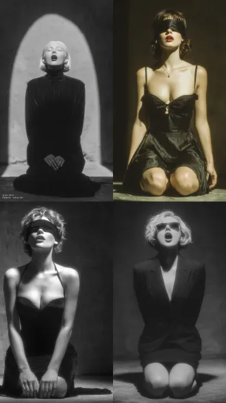 女人跪在地上张开嘴，蒙着眼睛，全身照，侧身拍摄，大师风格，黑白胶片，暗调背景，柔和侧光，高对比度，忧郁眼神，中性色调，经典构图，深沉氛围，自然光影，低调奢华，人物特写，微妙阴影，胶片噪点，情感传达，静谧场景，高光细节，深邃表情，艺术摄影，50mm镜头，低饱和度，高锐度，柔焦效果，胶片颗粒，暗角效果，情绪张力。