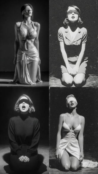 女人跪在地上张开嘴，蒙着眼睛，全身照，侧身拍摄，大师风格，黑白胶片，暗调背景，柔和侧光，高对比度，中性色调，经典构图，深沉氛围，自然光影，人物特写，微妙阴影，胶片噪点，情感传达，静谧场景，高光细节，深邃表情，艺术摄影，低饱和度，高锐度，柔焦效果，胶片颗粒，暗角效果，情绪张力。