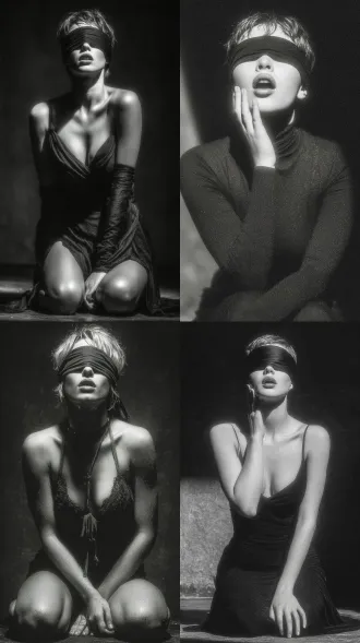 女人侧身跪在地上，张开嘴，蒙着眼睛，一只手摸着女人的脸，大师风格，黑白胶片，暗调背景，柔和侧光，高对比度，中性色调，经典构图，深沉氛围，自然光影，人物特写，微妙阴影，胶片噪点，情感传达，静谧场景，高光细节，深邃表情，艺术摄影，低饱和度，高锐度，柔焦效果，胶片颗粒，暗角效果，情绪张力。