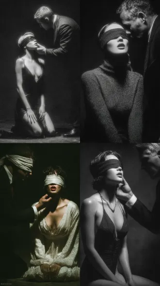 女人侧身跪在地上，张开嘴，蒙着眼睛，男人的手摸着女人的脸，大师风格，黑白胶片，暗调背景，柔和侧光，高对比度，中性色调，经典构图，深沉氛围，自然光影，人物特写，微妙阴影，胶片噪点，情感传达，静谧场景，高光细节，深邃表情，艺术摄影，低饱和度，高锐度，柔焦效果，胶片颗粒，暗角效果，情绪张力。