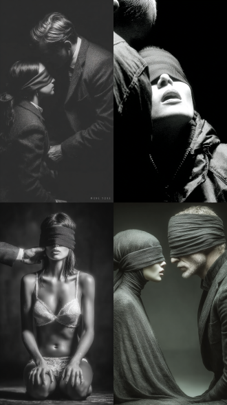 女人侧身跪在地上，张开嘴，蒙着眼睛，面对着男人，男人的手摸着女人的脸，大师风格，黑白胶片，暗调背景，柔和侧光，高对比度，中性色调，经典构图，深沉氛围，自然光影，人物特写，微妙阴影，胶片噪点，情感传达，静谧场景，高光细节，深邃表情，艺术摄影，低饱和度，高锐度，柔焦效果，胶片颗粒，暗角效果，情绪张力。