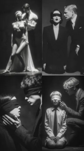 女人侧身跪在地上，张开嘴，蒙着眼睛，面对着男人，男人的手摸着女人的脸，大师风格，黑白胶片，暗调背景，柔和侧光，高对比度，中性色调，经典构图，深沉氛围，自然光影，人物特写，微妙阴影，胶片噪点，情感传达，静谧场景，高光细节，深邃表情，艺术摄影，低饱和度，高锐度，柔焦效果，胶片颗粒，暗角效果，情绪张力。
