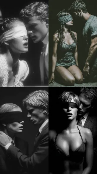 女人侧身跪在地上，张开嘴，蒙着眼睛，面对着男人，男人的手摸着女人的脸，大师风格，黑白胶片，暗调背景，柔和侧光，高对比度，中性色调，经典构图，深沉氛围，自然光影，人物特写，微妙阴影，胶片噪点，情感传达，静谧场景，高光细节，深邃表情，艺术摄影，低饱和度，高锐度，柔焦效果，胶片颗粒，暗角效果，情绪张力。