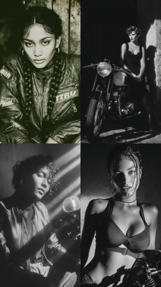 女人侧身坐在摩托车旁边，大师风格，黑白胶片，暗调背景，柔和侧光，高对比度，经典构图，深沉氛围，自然光影，人物特写，微妙阴影，胶片噪点，情感传达，静谧场景，高光细节，深邃表情，艺术摄影，高锐度，柔焦效果，暗角效果，情绪张力。