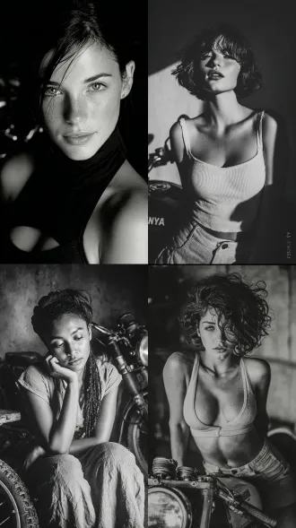 女人侧身坐在摩托车旁边，大师风格，黑白胶片，暗调背景，柔和侧光，高对比度，经典构图，深沉氛围，自然光影，人物特写，微妙阴影，胶片噪点，情感传达，静谧场景，高光细节，深邃表情，艺术摄影，高锐度，柔焦效果，暗角效果，情绪张力。