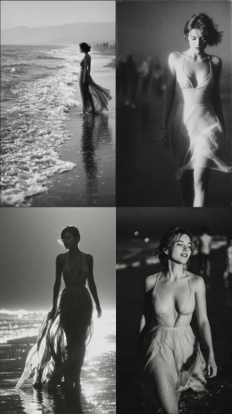 黄昏的的海滩边上，女人穿着透明的纱，光着脚在海边奔跑，大师风格，黑白胶片，暗调背景，柔和侧光，高对比度，经典构图，深沉氛围，自然光影，人物特写，微妙阴影，胶片噪点，情感传达，静谧场景，高光细节，深邃表情，艺术摄影，高锐度，柔焦效果，暗角效果，情绪张力。