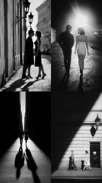 黄昏的的城市，街道空无一人，一个男人追逐着一个女人，大师风格，黑白胶片，暗调背景，柔和侧光，高对比度，经典构图，深沉氛围，自然光影，人物特写，微妙阴影，胶片噪点，情感传达，静谧场景，高光细节，深邃表情，艺术摄影，高锐度，柔焦效果，暗角效果，情绪张力。