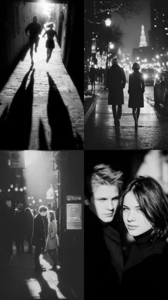 黄昏的的城市，街道空无一人，一个男人追逐着一个女人，大师风格，黑白胶片，暗调背景，柔和侧光，高对比度，经典构图，深沉氛围，自然光影，人物特写，微妙阴影，胶片噪点，情感传达，静谧场景，高光细节，深邃表情，艺术摄影，高锐度，柔焦效果，暗角效果，情绪张力。