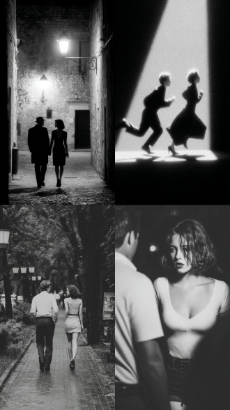 黄昏的的城市，街道空无一人，一个男人追逐着一个女人，大师风格，黑白胶片，暗调背景，柔和侧光，高对比度，经典构图，深沉氛围，自然光影，人物特写，微妙阴影，胶片噪点，情感传达，静谧场景，高光细节，深邃表情，艺术摄影，高锐度，柔焦效果，暗角效果，情绪张力。