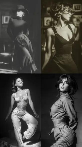 我穿着1965年代的衣服，客厅里，穿着连体裤，正跳舞，大师风格，黑白胶片，暗调背景，柔和侧光，高对比度，经典构图，深沉氛围，自然光影，人物特写，微妙阴影，胶片噪点，情感传达，静谧场景，高光细节，深邃表情，艺术摄影，高锐度，柔焦效果，暗角效果，情绪张力。