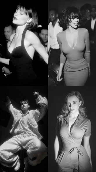 我穿着1965年代的衣服，客厅里，穿着连体裤，正跳舞，大师风格，黑白胶片，暗调背景，柔和侧光，高对比度，经典构图，深沉氛围，自然光影，人物特写，微妙阴影，胶片噪点，情感传达，静谧场景，高光细节，深邃表情，艺术摄影，高锐度，柔焦效果，暗角效果，情绪张力。