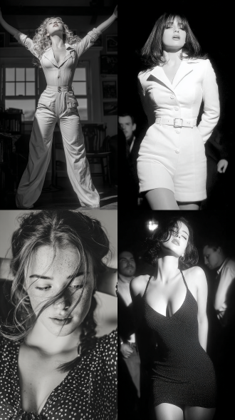 我穿着1965年代的衣服，客厅里，穿着连体裤，跳舞，大师风格，黑白胶片，暗调背景，柔和侧光，高对比度，经典构图，深沉氛围，自然光影，人物特写，微妙阴影，胶片噪点，情感传达，静谧场景，高光细节，深邃表情，艺术摄影，高锐度，柔焦效果，暗角效果，情绪张力。