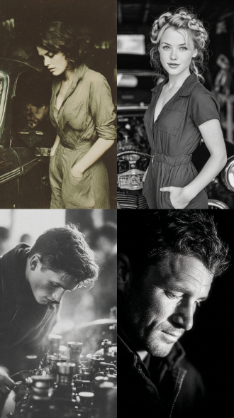 我穿着1965年代的衣服，穿着连体裤，在修理汽车，大师风格，黑白胶片，暗调背景，柔和侧光，高对比度，经典构图，深沉氛围，自然光影，人物特写，微妙阴影，胶片噪点，情感传达，静谧场景，高光细节，深邃表情，艺术摄影，高锐度，柔焦效果，暗角效果，情绪张力。