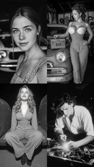 我穿着1965年代的衣服，穿着连体裤，在修理汽车，大师风格，黑白胶片，暗调背景，柔和侧光，高对比度，经典构图，深沉氛围，自然光影，人物特写，微妙阴影，胶片噪点，情感传达，静谧场景，高光细节，深邃表情，艺术摄影，高锐度，柔焦效果，暗角效果，情绪张力。