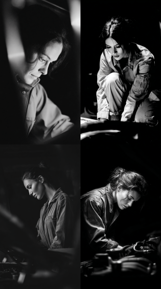 一个女人汽车修理工，穿着连体裤，在修理汽车，大师风格，黑白胶片，暗调背景，柔和侧光，高对比度，经典构图，深沉氛围，自然光影，人物特写，微妙阴影，胶片噪点，情感传达，静谧场景，高光细节，深邃表情，艺术摄影，高锐度，柔焦效果，暗角效果，情绪张力。