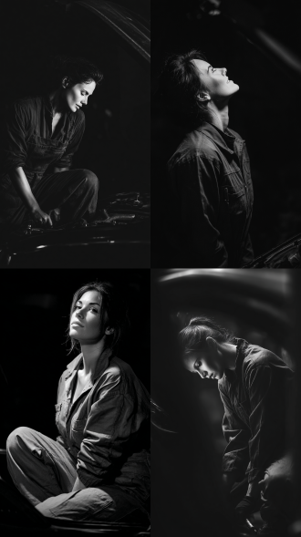 一个女人汽车修理工，穿着连体裤，在修理汽车，大师风格，黑白胶片，暗调背景，柔和侧光，高对比度，经典构图，深沉氛围，自然光影，人物特写，微妙阴影，胶片噪点，情感传达，静谧场景，高光细节，深邃表情，艺术摄影，高锐度，柔焦效果，暗角效果，情绪张力。