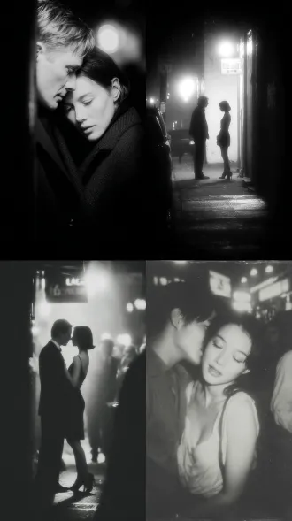 夜晚的城市，街道空无一人，一个男人抱着一个女人，大师风格，黑白胶片，暗调背景，柔和侧光，高对比度，经典构图，深沉氛围，自然光影，人物特写，微妙阴影，胶片噪点，情感传达，静谧场景，高光细节，深邃表情，艺术摄影，高锐度，柔焦效果，暗角效果，情绪张力。