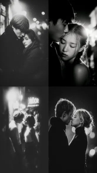 夜晚的城市，街道空无一人，一个男人抱着一个女人，大师风格，黑白胶片，暗调背景，柔和侧光，高对比度，经典构图，深沉氛围，自然光影，人物特写，微妙阴影，胶片噪点，情感传达，静谧场景，高光细节，深邃表情，艺术摄影，高锐度，柔焦效果，暗角效果，情绪张力。