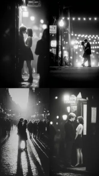 夜晚的城市，街道空无一人，一个男人抱着一个女人，大师风格，黑白胶片，暗调背景，柔和侧光，高对比度，经典构图，深沉氛围，自然光影，人物特写，微妙阴影，胶片噪点，情感传达，静谧场景，高光细节，深邃表情，艺术摄影，高锐度，柔焦效果，暗角效果，情绪张力。