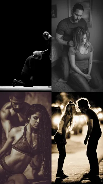 女人侧身跪在地上，男人拉着女人的头发，大师风格，黑白胶片，暗调背景，柔和侧光，高对比度，中性色调，经典构图，深沉氛围，自然光影，人物特写，微妙阴影，胶片噪点，情感传达，静谧场景，高光细节，深邃表情，艺术摄影，低饱和度，高锐度，柔焦效果，胶片颗粒，暗角效果，情绪张力。