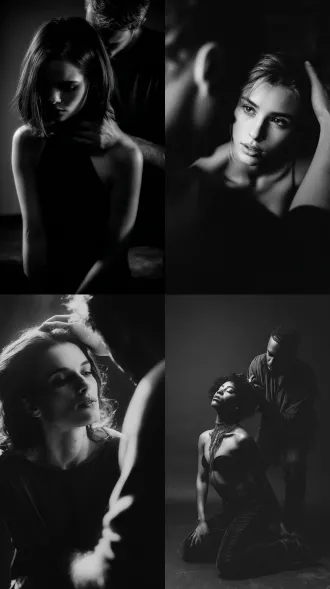 女人侧身跪在地上，男人拉着女人的头发，大师风格，黑白胶片，暗调背景，柔和侧光，高对比度，中性色调，经典构图，深沉氛围，自然光影，人物特写，微妙阴影，胶片噪点，情感传达，静谧场景，高光细节，深邃表情，艺术摄影，低饱和度，高锐度，柔焦效果，胶片颗粒，暗角效果，情绪张力。