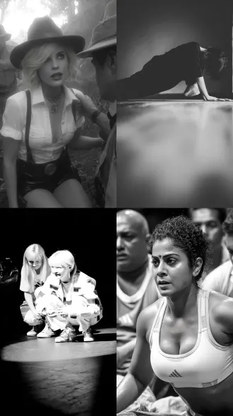 女人侧身跪在地上，男人拉着女人的头发，大师风格，黑白胶片，暗调背景，柔和侧光，高对比度，中性色调，经典构图，深沉氛围，自然光影，人物特写，微妙阴影，胶片噪点，情感传达，静谧场景，高光细节，深邃表情，艺术摄影，低饱和度，高锐度，柔焦效果，胶片颗粒，暗角效果，情绪张力。