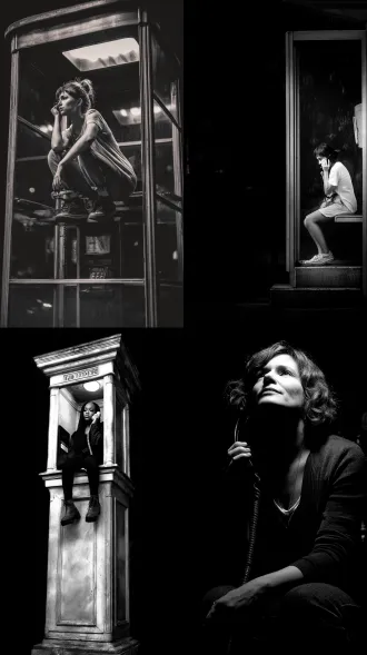 女人坐在电话亭顶上，手里拿着电话，大师风格，黑白胶片，暗调背景，柔和侧光，高对比度，中性色调，经典构图，深沉氛围，自然光影，人物特写，微妙阴影，胶片噪点，情感传达，静谧场景，高光细节，深邃表情，艺术摄影，低饱和度，高锐度，柔焦效果，胶片颗粒，暗角效果，情绪张力。