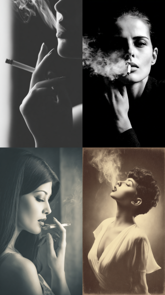 女人手里拿着一根香烟，嘴里吐着眼，大师风格，黑白胶片，暗调背景，柔和侧光，高对比度，中性色调，经典构图，深沉氛围，自然光影，人物特写，微妙阴影，胶片噪点，情感传达，静谧场景，高光细节，深邃表情，艺术摄影，低饱和度，高锐度，柔焦效果，胶片颗粒，暗角效果，情绪张力。